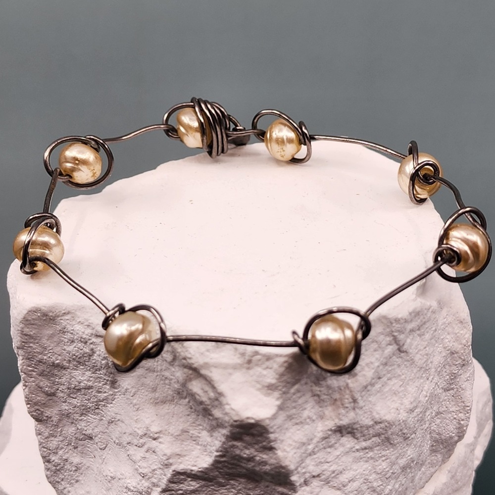 Dayne DuVall Faux Pearl Wire Wrap Bracelet Gold Tone Cream Artisan Statement